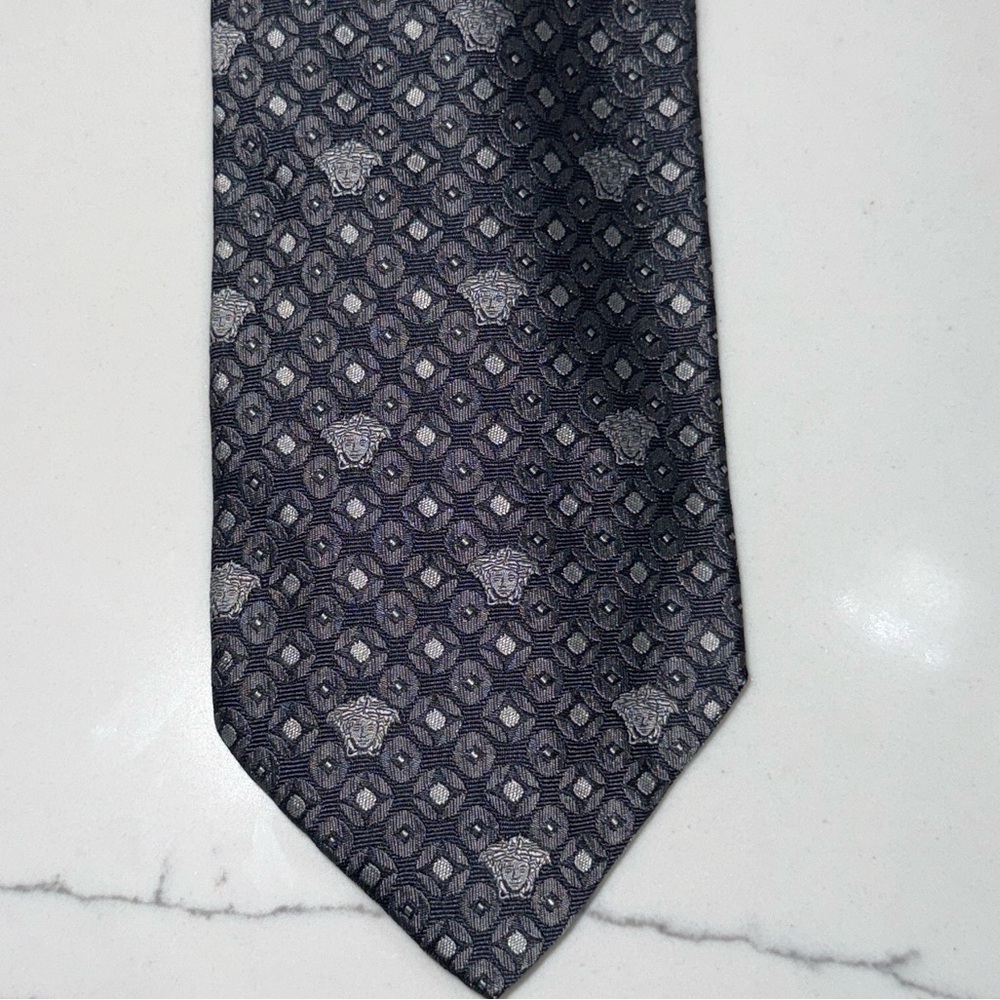 Vintage Versace Black and Silver Medusa Geometric Tie. 100% silk